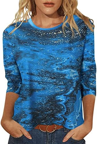 Kanıem Sevimli Yaz Üstleri Kadın Bayan 3 4 Kollu Ekip Boyun Kravat Boyalı Baskılı T Shirt Üst Rahat yazlık gömlek