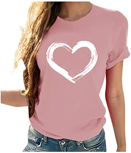 Rahat T Shirt Kadınlar için Sevimli Kalpler Baskı Gömlek Yuvarlak Boyun Kısa Kollu Bluz Düz Yaz Tee Tops