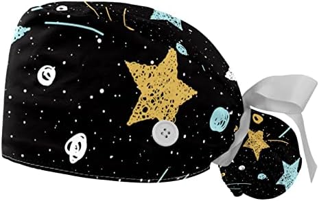 Çalışma Kapağı Düğmeleri ile Hemşire Kabarık Şapka Yıldız Uzay Siyah Desen Fırçalama Kap Kadınlar için Uzun Saç