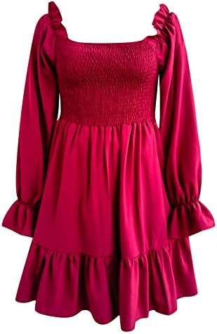 ıCODOD Elbise kadın 2023 Yaz Rahat Alevlendi Uzun Kollu Pilili Kare Boyun Fırfır Düz Renk Plaj Elbiseleri Kadınlar