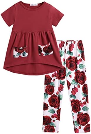Arshiner Toddler Kız Kıyafetler Çiçek Hi-Lo Tops + Pantolon Setleri Kısa Kollu 2 adet Pantolon Setleri Cepler ile