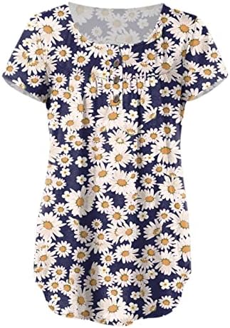 Çiçek Baskı Tunik Üstleri Kadınlar için Gevşek Fit Gizlemek Göbek Yağ T Shirt Yaz Rahat Kısa Kollu Düğme V Boyun