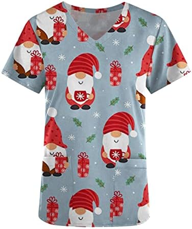 Kadın Noel Scrubs Gömlek Kısa Kollu Komik Sevimli Tatil Fırçalayın Üstleri V Boyun Yumuşak Cepler Yeni Yıl İş Giysisi