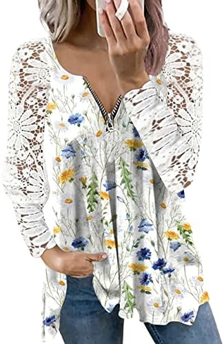 SMİDOW kadın Bahar Üstleri 2023 Dantel Uzun Kollu Fermuar V Boyun T-Shirt Boho Casual Gevşek Gömlek Sevimli Çiçek