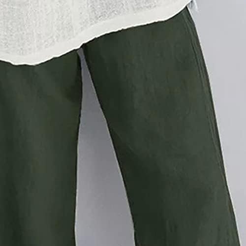 Kadın Baskılı Keten Geniş Bacak Pantolon Hafif Kırpılmış Dipleri Pantolon Elastik Bel Plaj harem Pantolon Cepli (Koyu