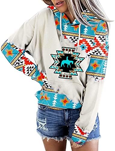 Batı Aztek svetşört Kadınlar için Hafif Uzun Kollu Üstleri Sonbahar Giysileri Vintage Kapüşonlu Sweatshirt Cep ile