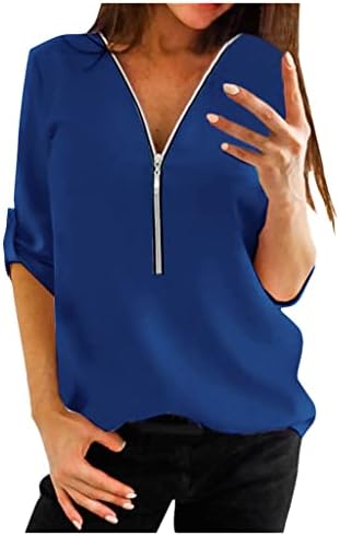 Üst Kızlar Yaz Sonbahar Uzun Kollu 2023 V Boyun Şifon Zip Up Düz Brunch Bluz T Shirt Bayan 9U 9U