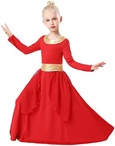 MYRİSAM Kızlar Övgü Dans Elbise Liturjik Ibadet Metalik Kemer Uzun Kollu Elbise Şifon Etek Lirik Kostüm