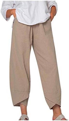 MtsDJSKF Pamuk Keten Pantolon Kadın, Geniş Bacaklı Elastik Bel Rahat Keten kapri pantolonlar Cepler ile streç pantolon