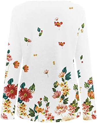 Kadın Uzun Kollu Üstleri Oymak V Boyun Anahtar Deliği Çiçek Baskı Tee Gömlek Sonbahar Rahat Gevşek Dökümlü Bluz Tunikler