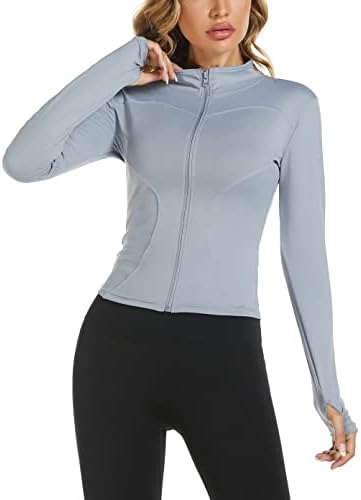 Aolpıoon kadın egzersiz ceketi Yoga Koşu Slim Fit Sıkı Tam Zip Atletik Ceketler Kırpılmış Üst Başparmak Delikleri