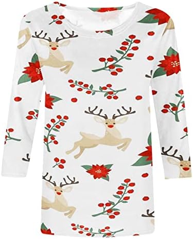 Kadın 3/4 Kollu Sonbahar Gömlek Şık Rahat Noel Tatili Baskı Crewneck Tops Moda Gevşek Fit Hafif Bluz