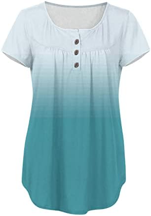 Kadınlar için üstleri Moda V Yaka Kontrast Degrade Baskılı Tunik Üstleri Düğmeleri kısa kollu tişört Rahat Şık Bluzlar