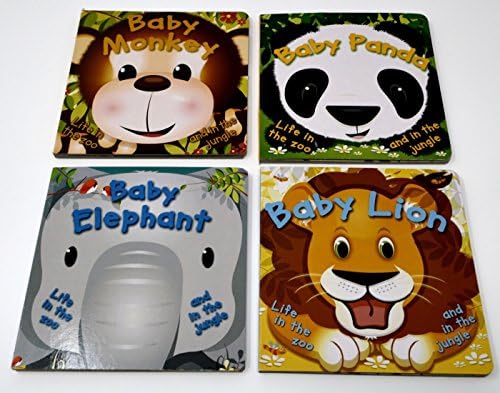 Çocuklar için 4 Bebek Hayvan tahta Kitap Seti: Bebek Panda, Bebek maymun, Bebek aslan ve Bebek fil