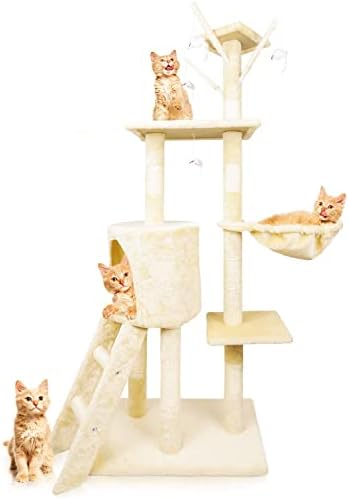 Kapalı Kediler için Büyük Uzun Kedi Ağacı, Tırmalama Direkli 53 inç Kedi Kınamak Mobilyaları, Hamaklı Çok Seviyeli