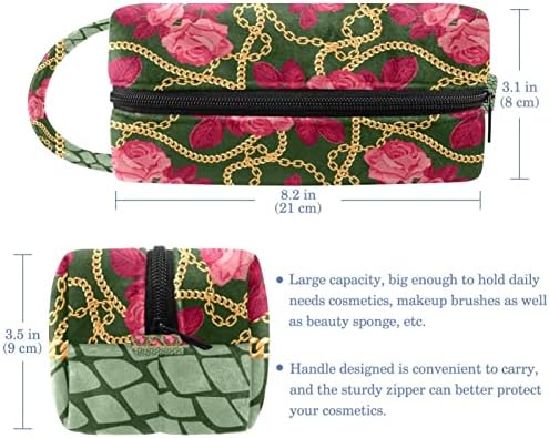 Makyaj çantası, Seyahat Makyaj Kozmetik Çantası Kadın Erkek, Zincir Yeşil Timsah Desen Gül Çiçek
