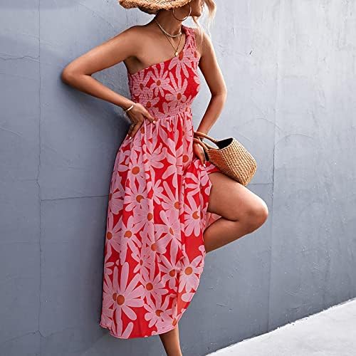 Fragarn Çiçekli Elbise, Kadın Yaz Eğimli Omuz Kol Çiçekli Baskı Şal Plaj Elbisesi