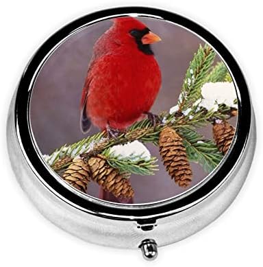 Küçük Hap Kutusu Kırmızı Kuş Şube Baskılı Yuvarlak Hap Kutusu/Kutu, Üç Bölmeli Hap Kutusu / Hap Kutusu Taşınabilir