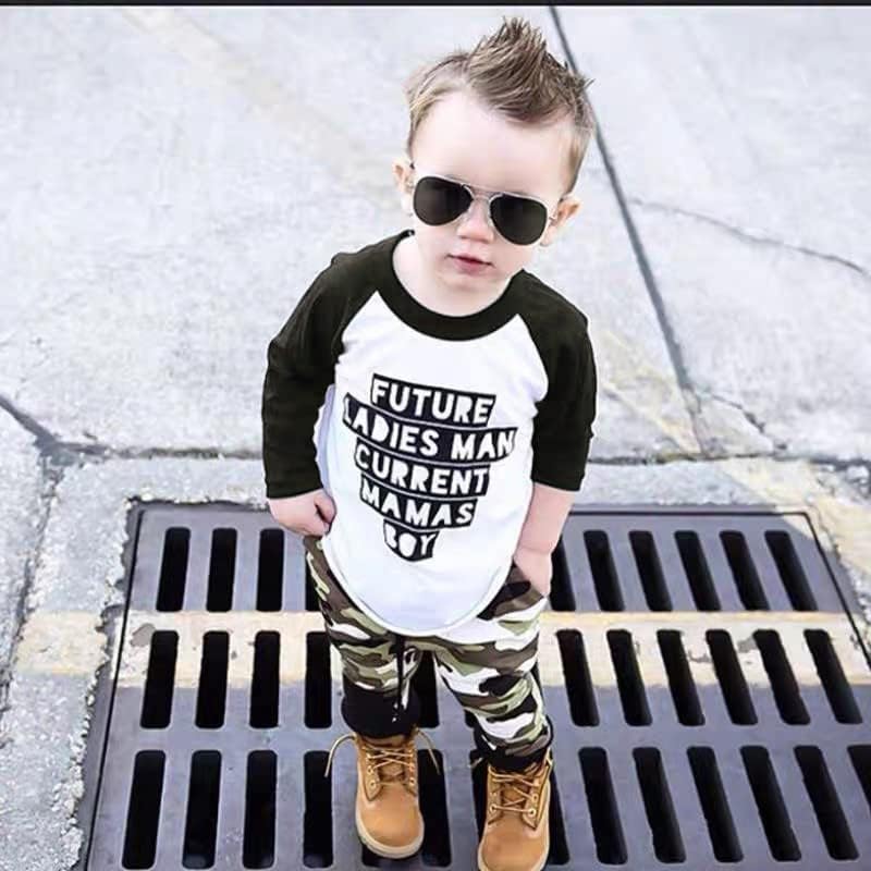 2 ADET Bebek Erkek Giysileri Mektup T-Shirt Serin Üstleri + Kamuflaj Pantolon Kıyafet Seti Mektup Yürümeye Başlayan