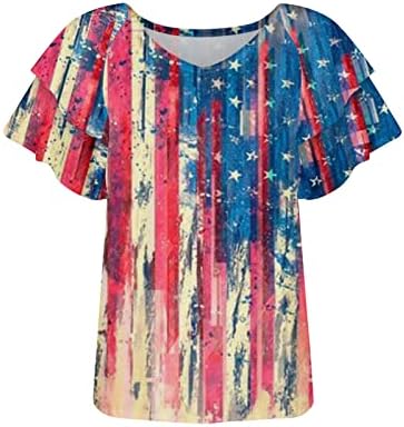 2023 Bağımsızlık Günü Üstleri Kadın Kızlar Amerikan Bayrağı Yıldız Çizgili Baskı Tee Gömlek Petal Kısa Kollu Temmuz