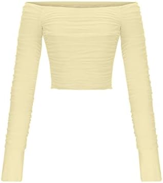 Bayan Dantelli Kapalı Omuz Kırpma Üst Seksi Slim Fit Uzun Kollu T Gömlek Katı Yüksek Elastik Tee Bluz Zarif Streetwear