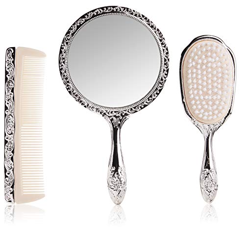 3 adet Gümüş Krom Kızlar Makyaj Seti Tarak Fırça Ayna.