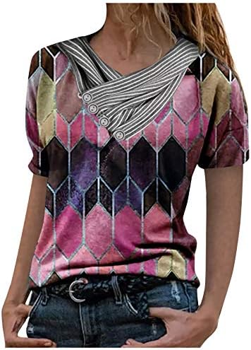 Kadın Yaz kısa kollu tişört Artı Boyutu Tees Gömlek Blok Renk Patchwork Bluzlar V Yaka Düğmesi Ruffled Tops